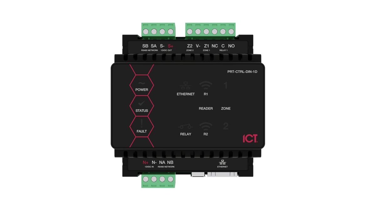 ICT Protege WX single door DIN rail controller, front