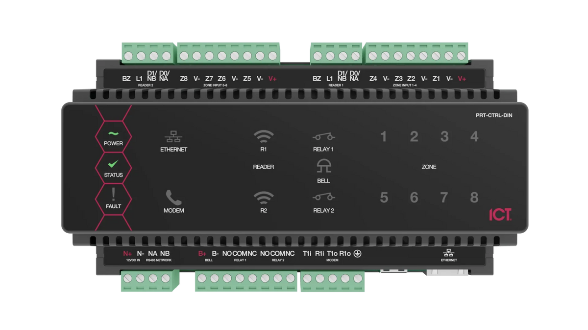 ICT Protege WX 2-door DIN rail controller, front