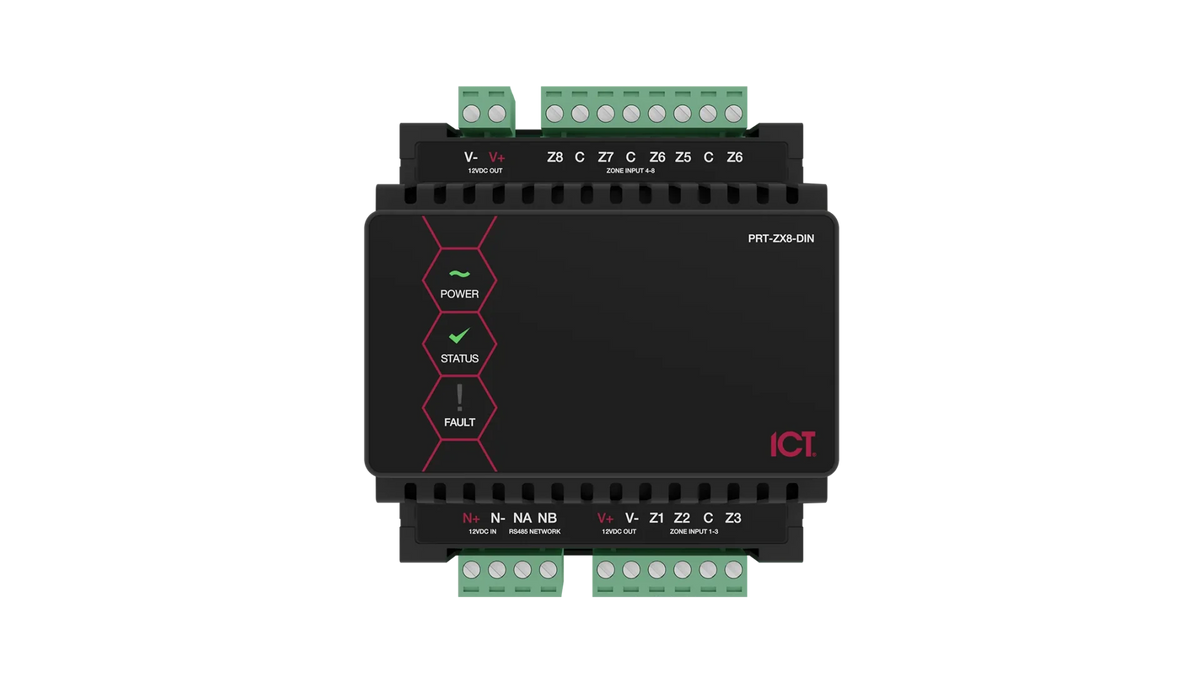 ICT Protege DIN rail 8 input expander, front
